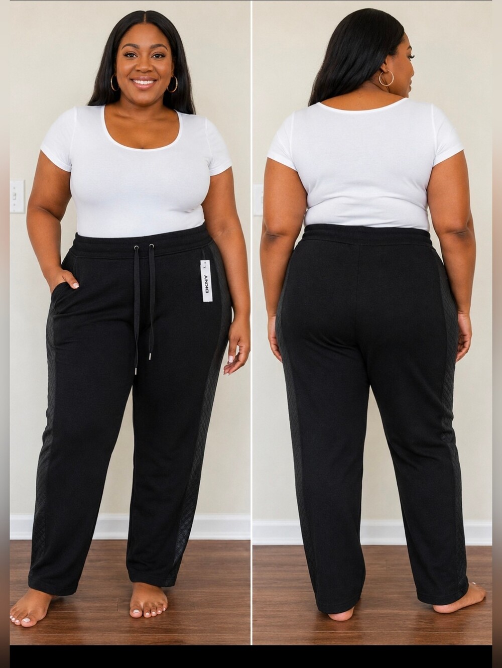 DKNY Women’s XL Black Quilted Side Panel Drawstring Pants NWT